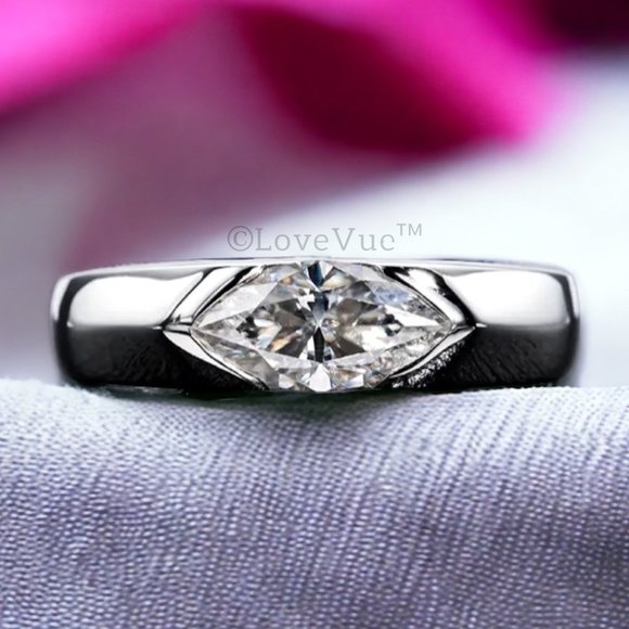 Certified 1ct. t.w. Moissanite Diamond Marquise Cut Unisex Engagement Ring VVS1 - Picture 5 of 16